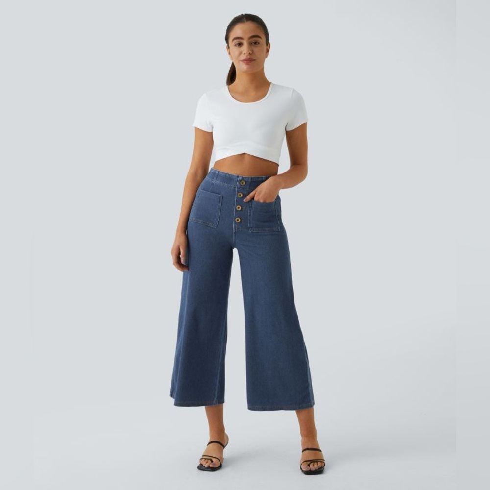 HALARA Flex Denim Button Front Wide Leg Cropped Capri Blue Jeans Women’s S NWT